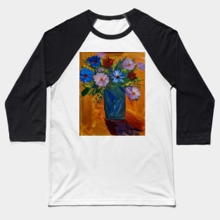 Mixed flowers in blue and silver vase on a colorful tiles background Baseball T-Shirt